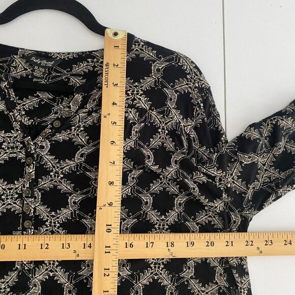 Lucky Brand Black Tan Patterned Button Cuff Sleeve Blouse XL Boho Peasant - Picture 9 of 11